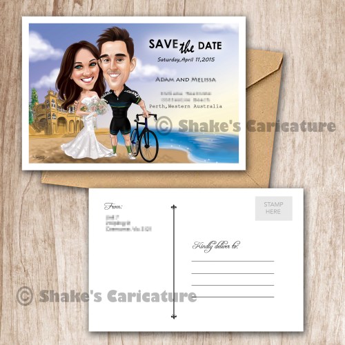 Wedding Caricature Couple Portrait Save the Date Beach