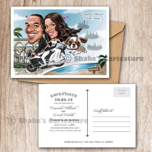 Wedding Caricature Couple Portrait Save the Date Bike