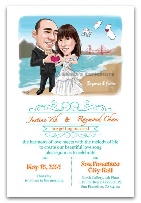 Wedding Invitation Caricature Couple Portrait in San Francisco