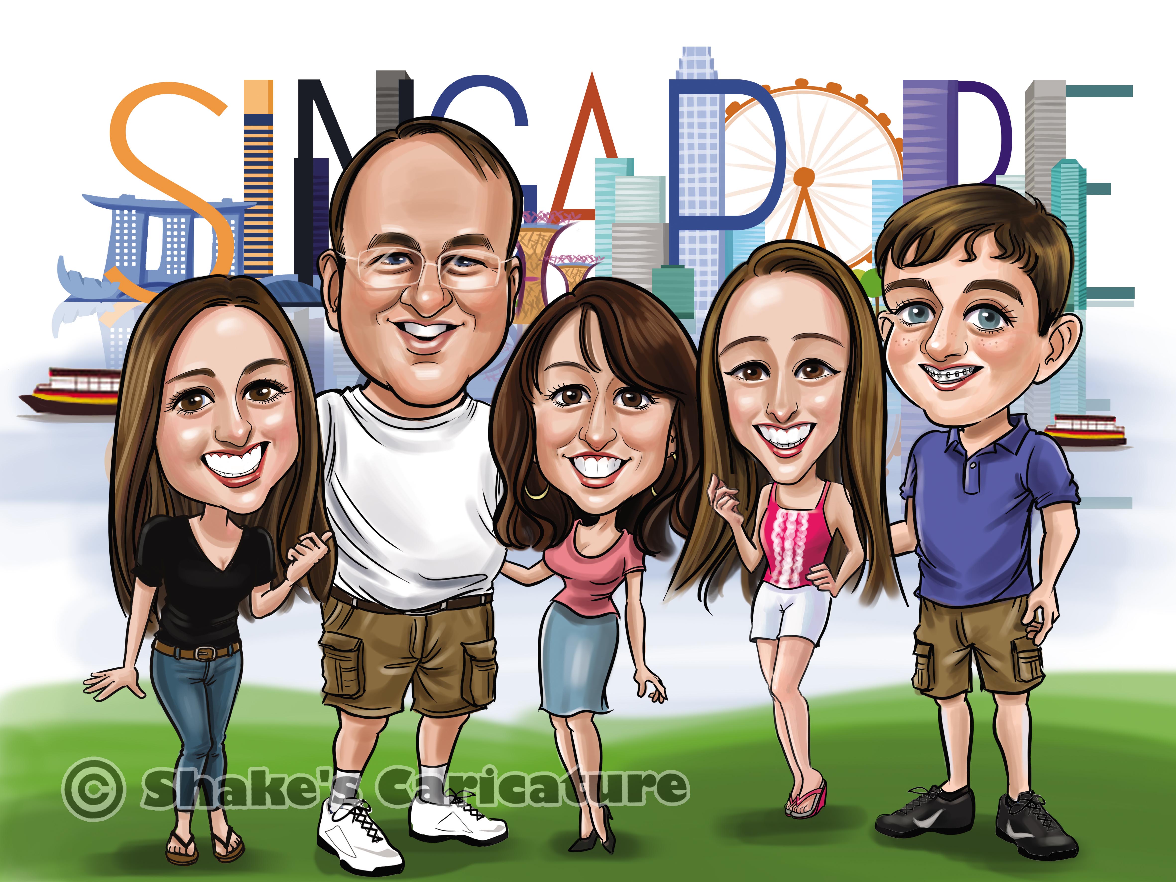 Singapore caricature_Singapore skyline_family caricature_farewell gift2