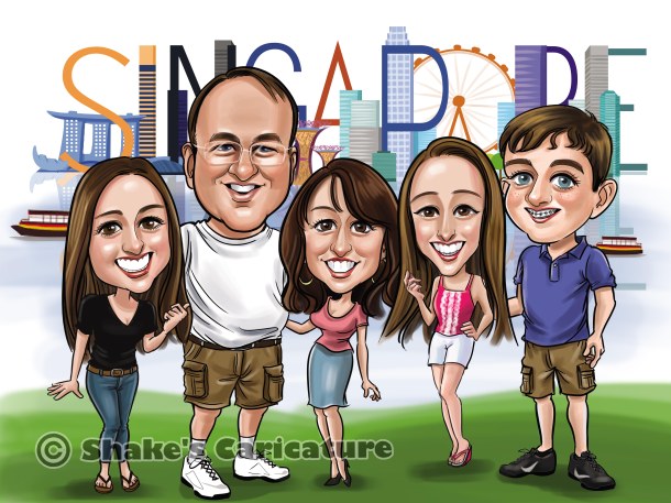Singapore caricature_Singapore skyline_family caricature_farewell gift2